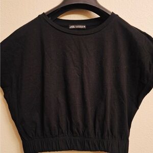 Zara Black Cropped Elastic-Hem Women's Top